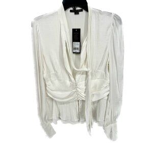 cooper & ella White Ruched Tie-Neck Blouse